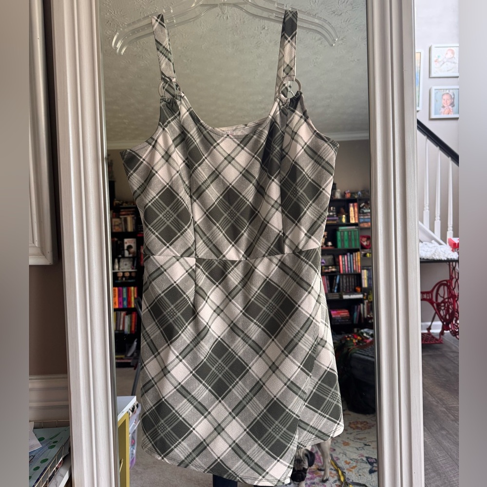 No Boundaries Olive and Cream Plaid Mini Skort Romper